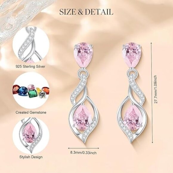 Pink Tourmaline Silver Earrings | October Birthstone  Earrings Twirling Teardrop Birthstone Earrings Silver 10 - Pink Tourmaline